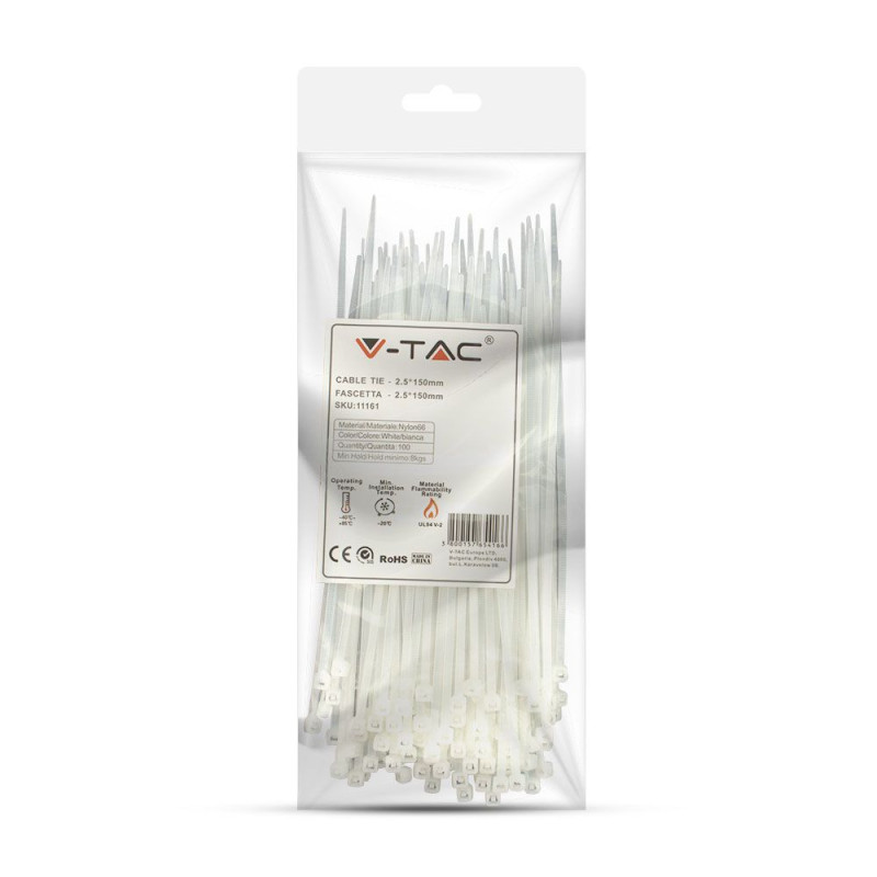 V-TAC sťahovacie pásky 2,5 x 150mm biele - balenie 100 ks
